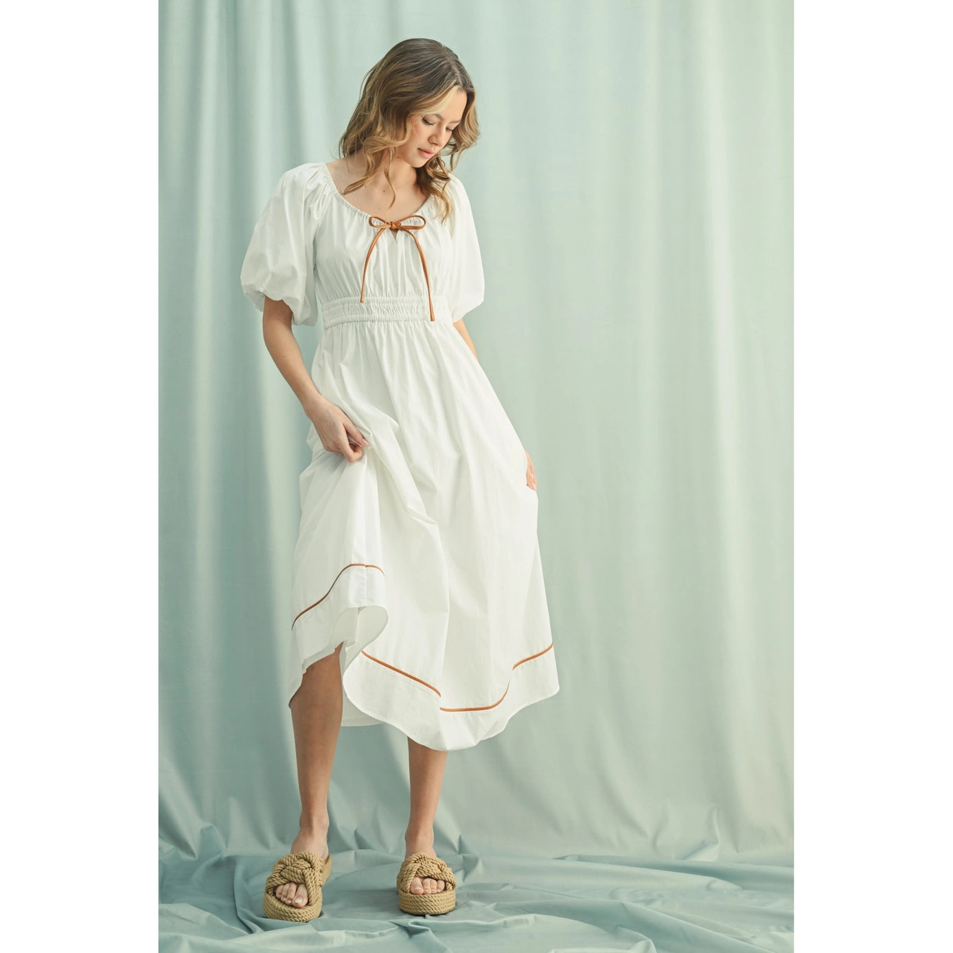 Balloon Sleeve Piping Detail Midi Dress