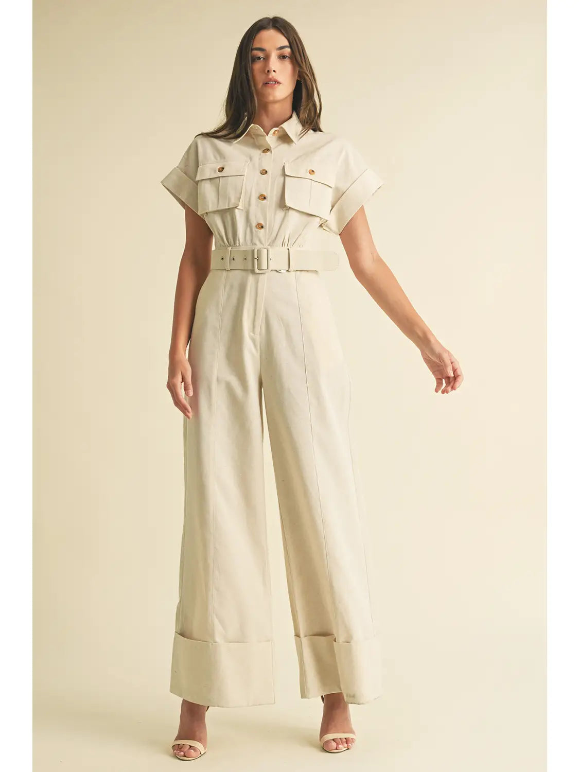 Short Sleeve Belted Jumpsuit