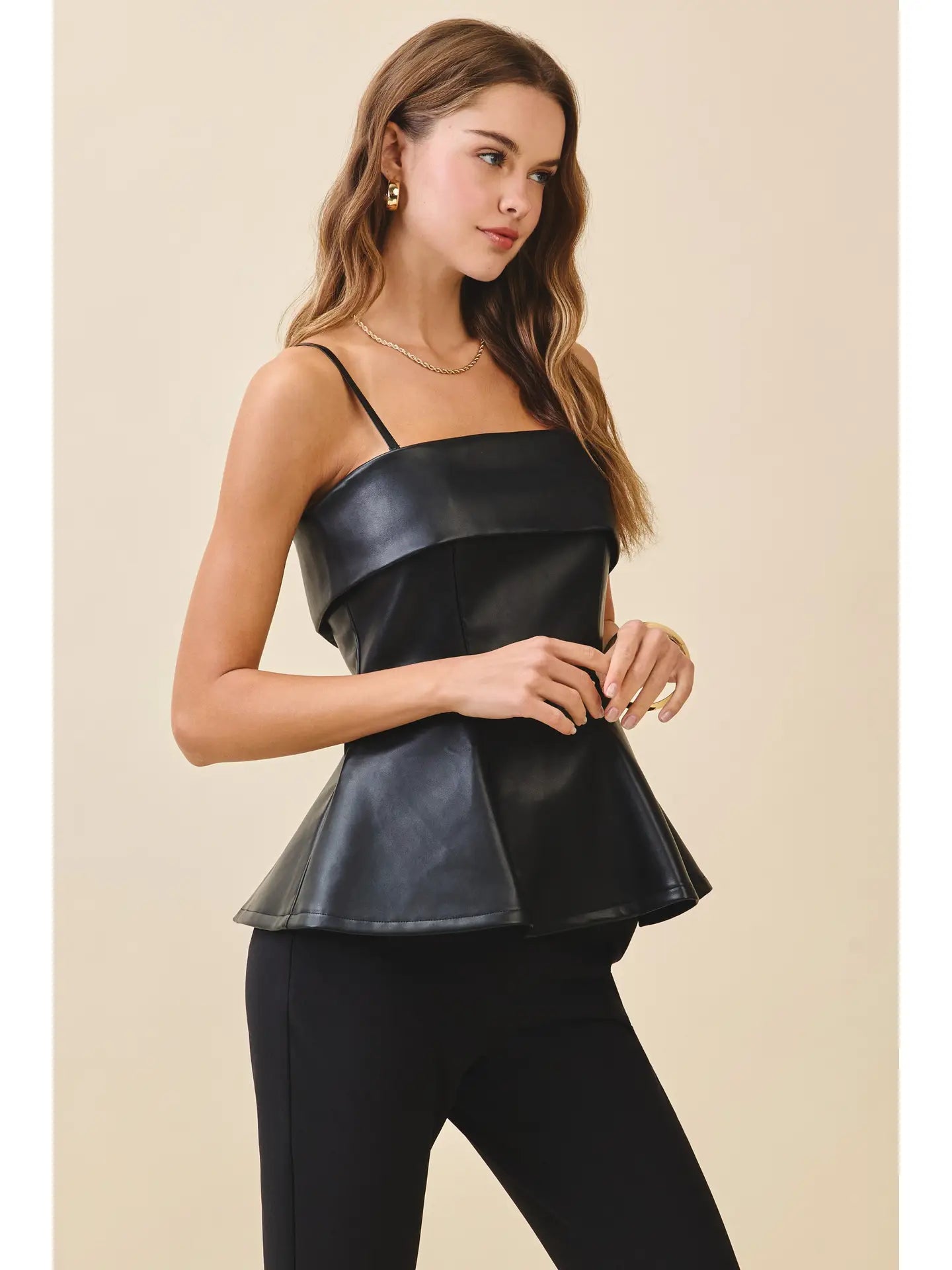 Faux Leather Fold over Detail Peplum Top