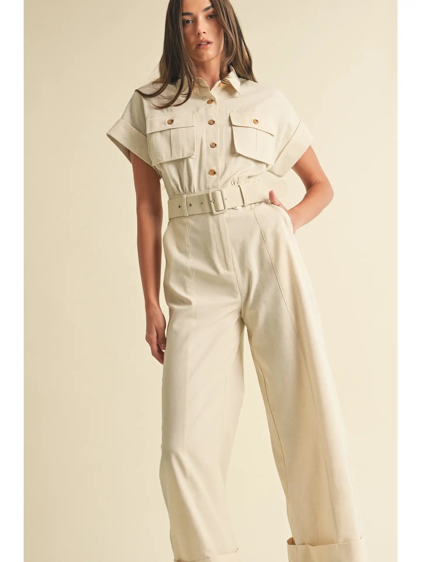 Short Sleeve Belted Jumpsuit