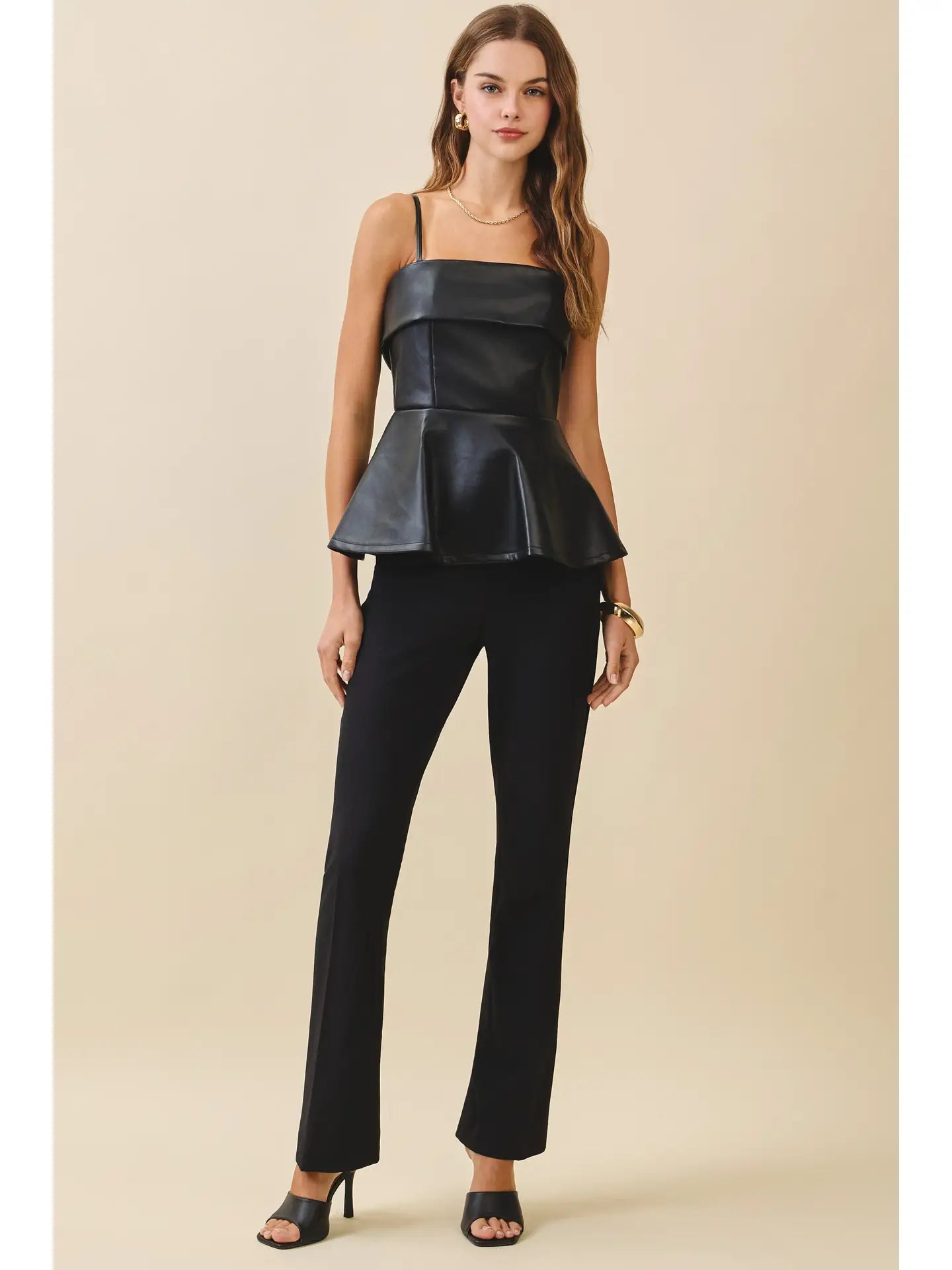 Faux Leather Fold over Detail Peplum Top