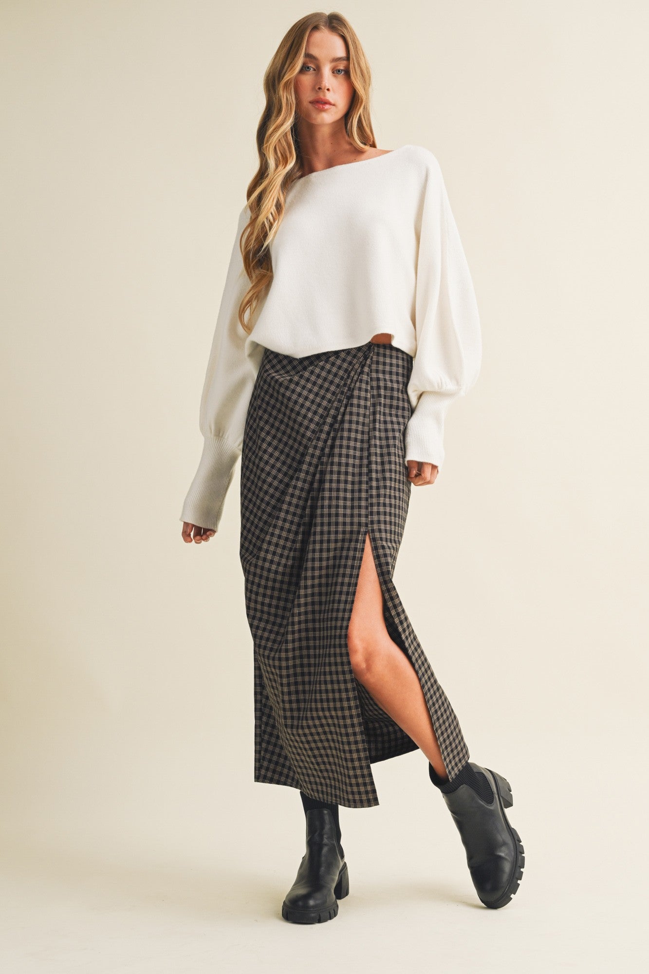 Asymmetric Drape High-slit Midi Skirt