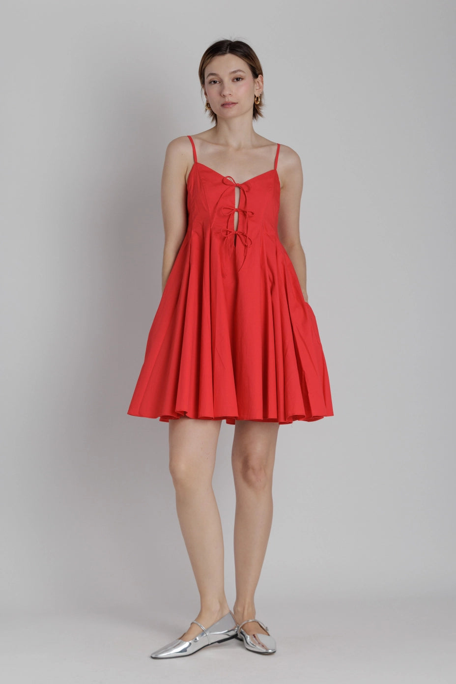 Pleated Poplin Mini Dress w/ Ties
