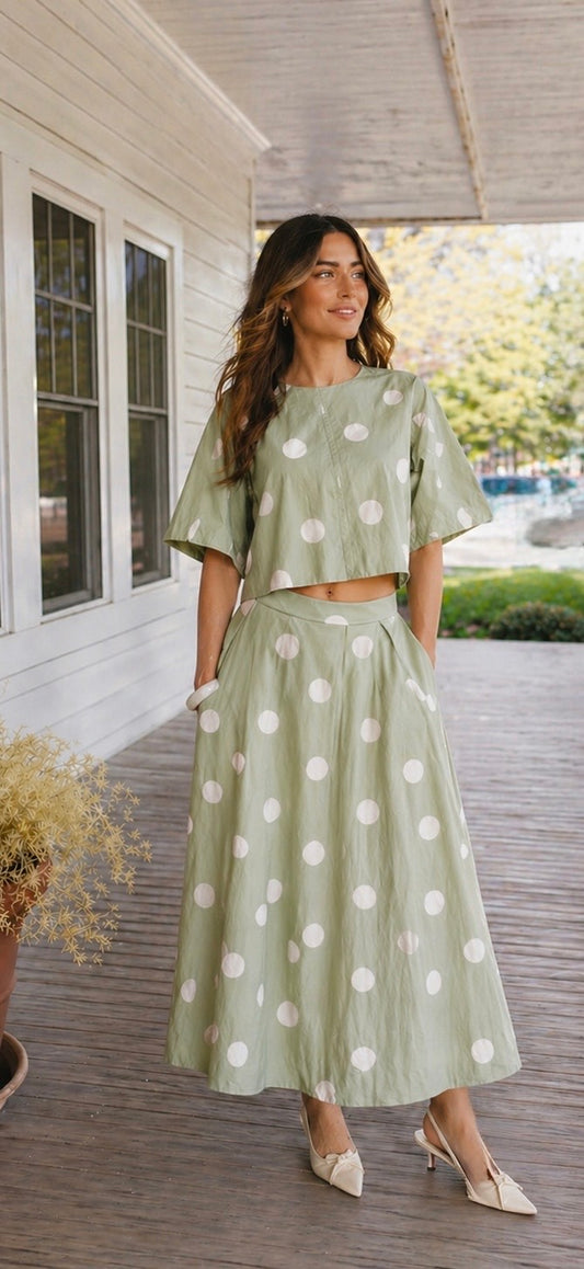Polka Dot Pleated Midi Skirt