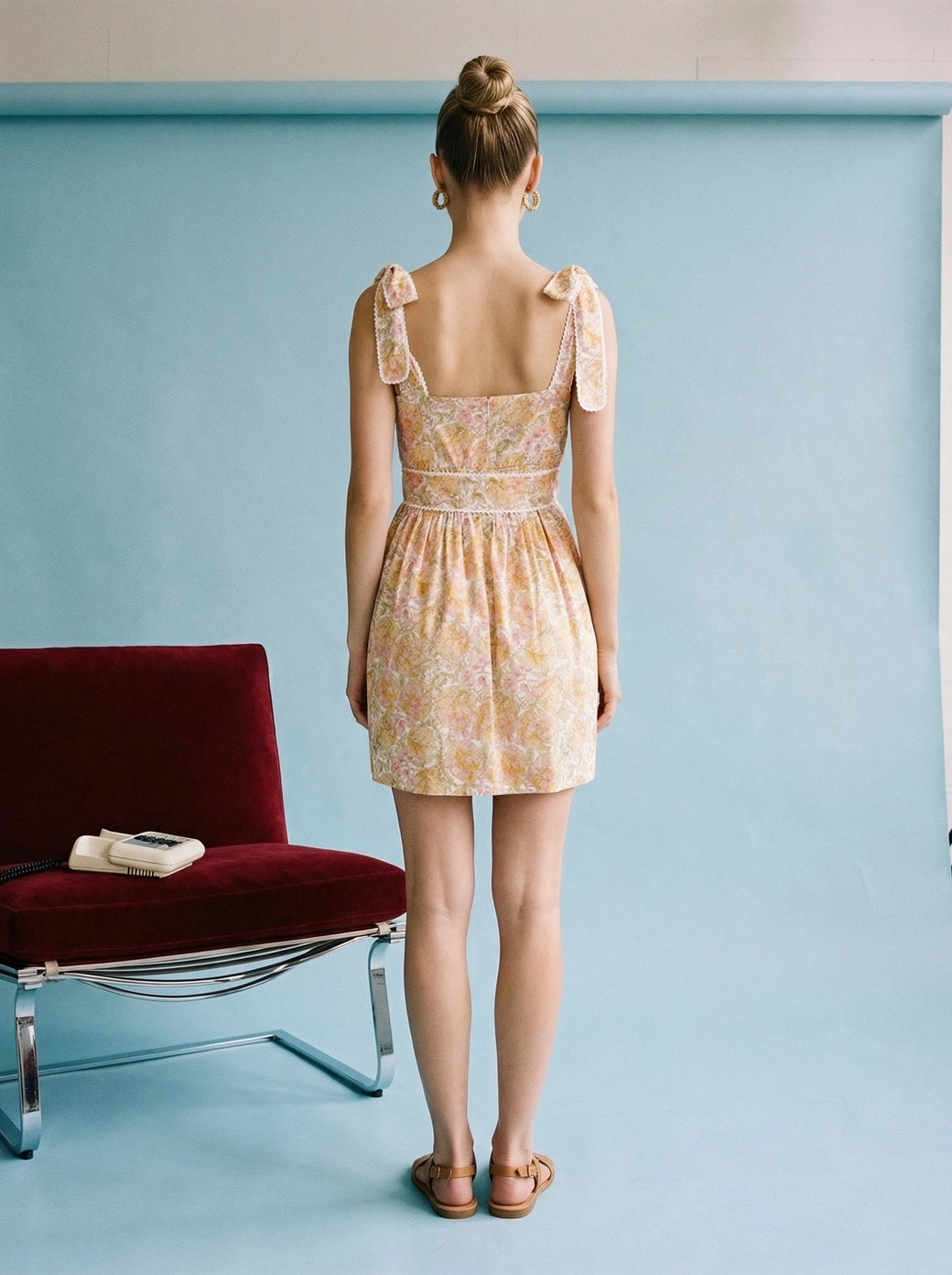 Peach Floral Pleated Dress with Belt