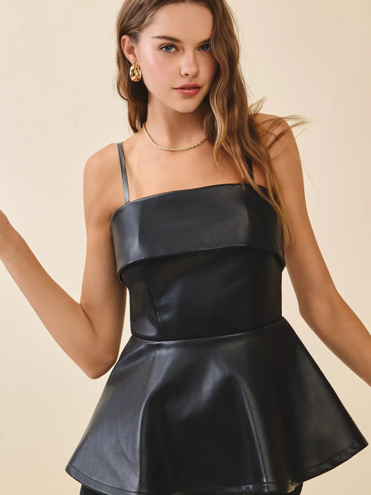 Faux Leather Fold over Detail Peplum Top