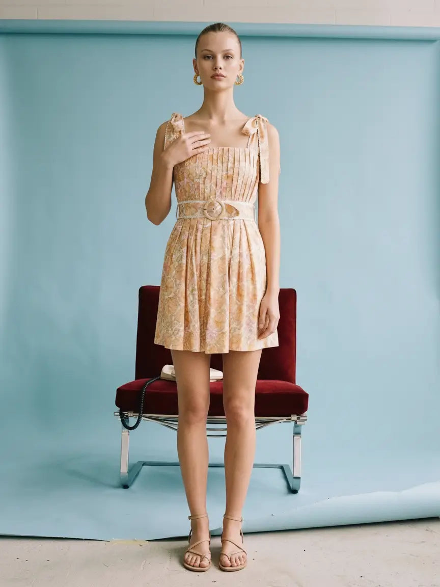 Peach Floral Pleated Dress with Belt