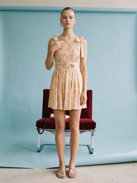Peach Floral Pleated Dress with Belt
