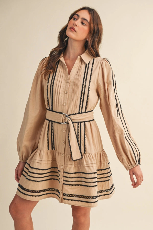 Lace Trim Belted Mini Dress