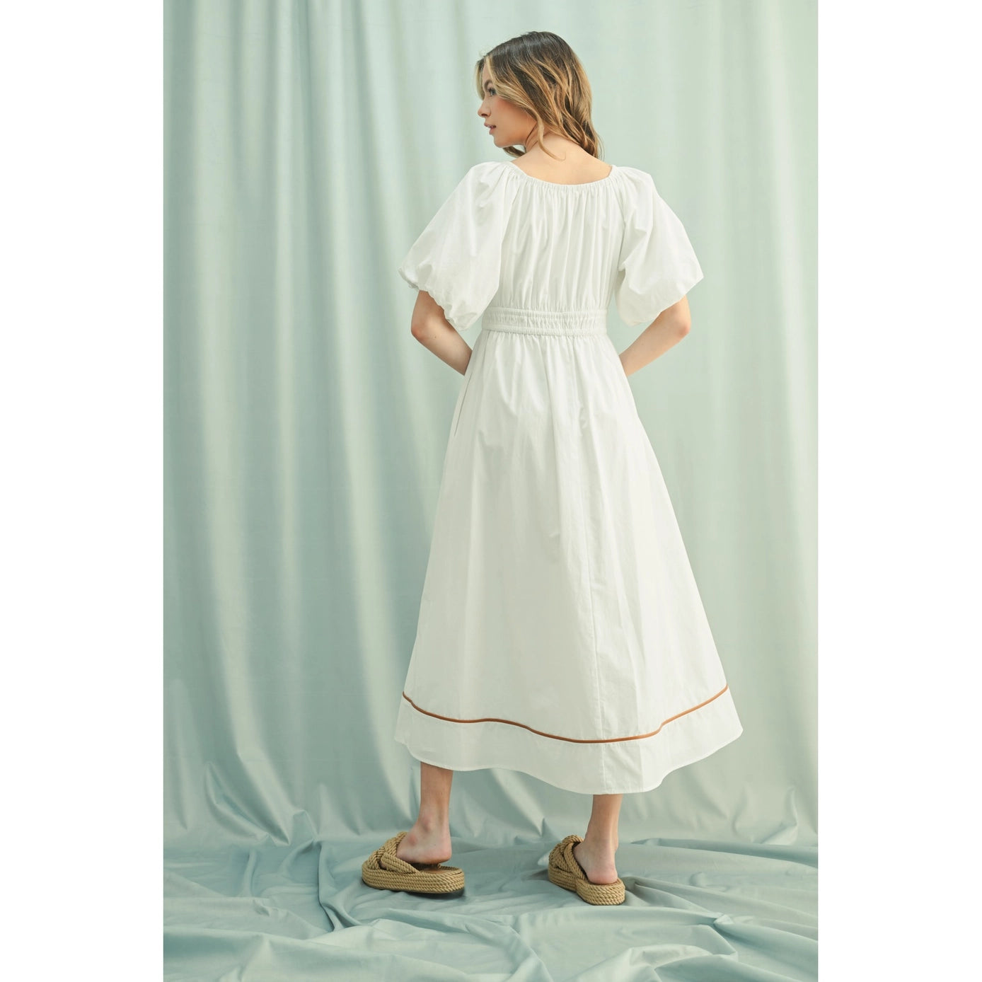 Balloon Sleeve Piping Detail Midi Dress