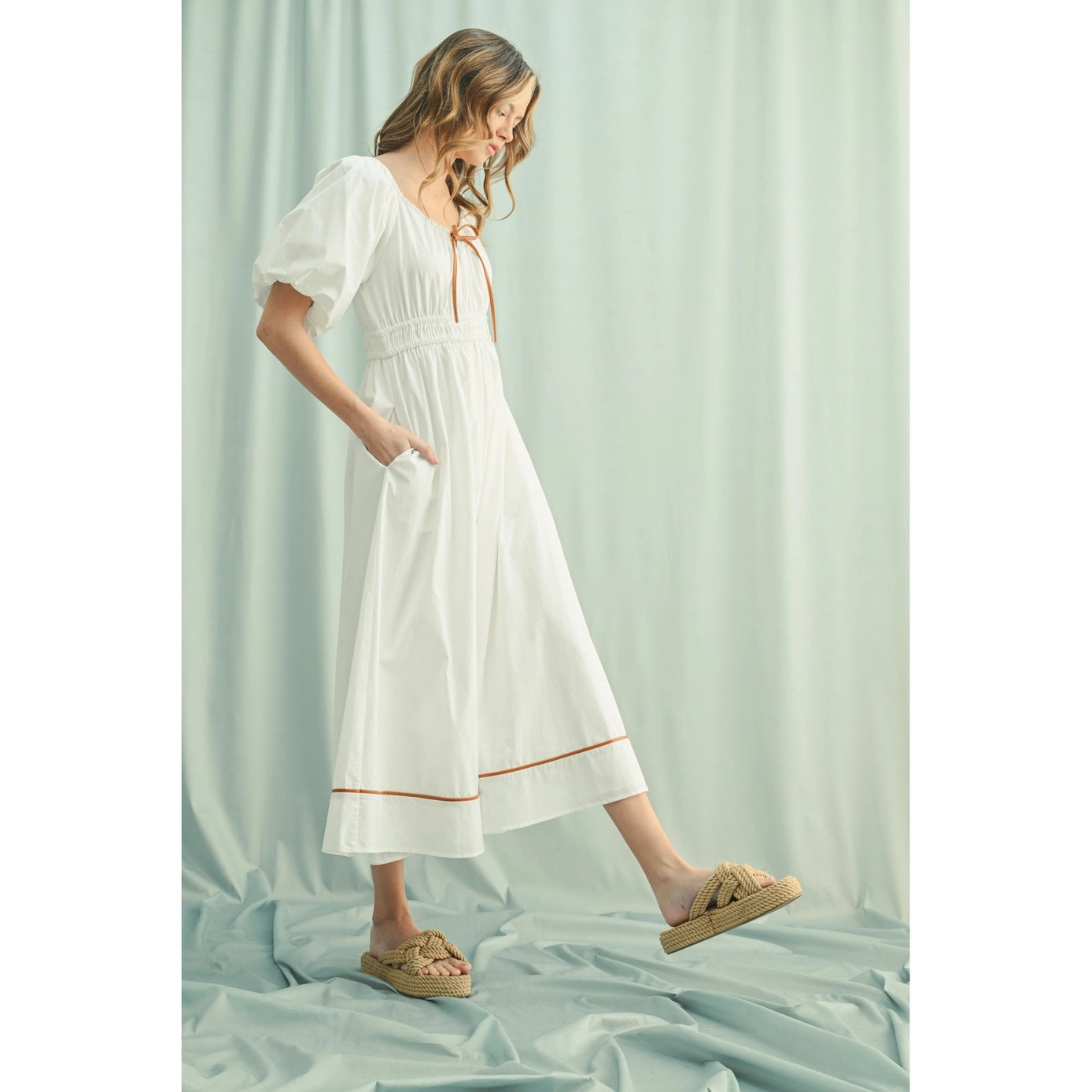 Balloon Sleeve Piping Detail Midi Dress