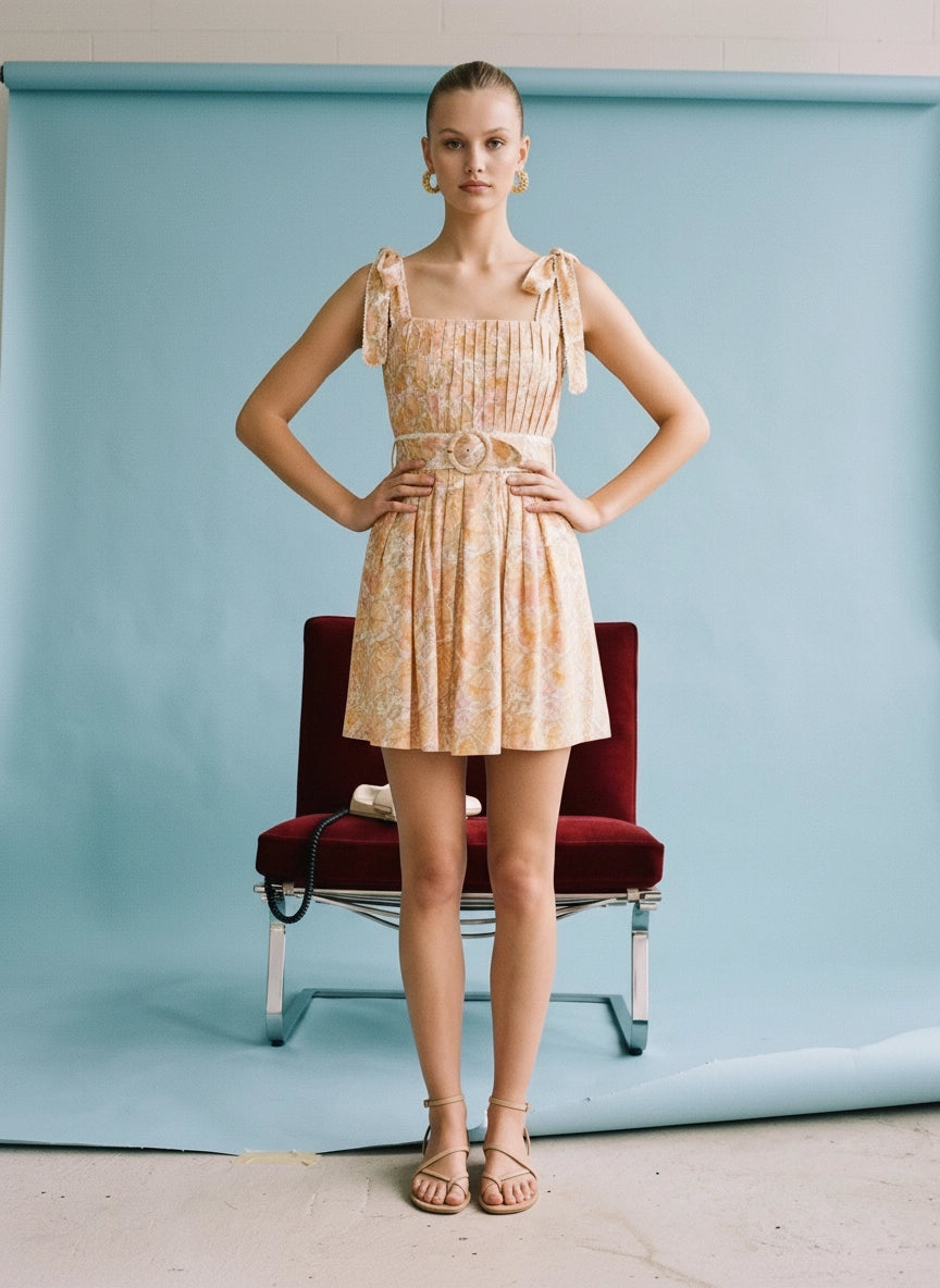 Peach Floral Pleated Dress with Belt