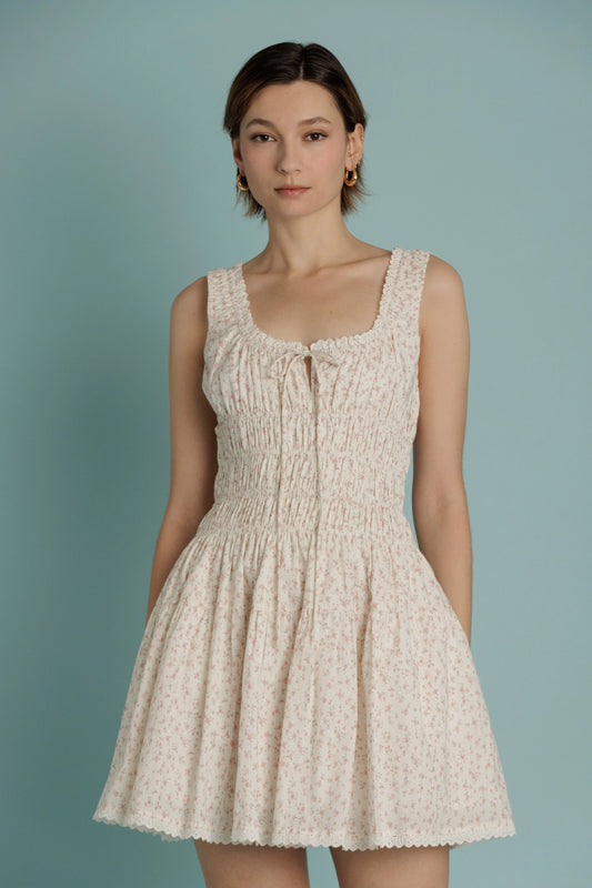 Eyelet Trim Floral Mini Dress