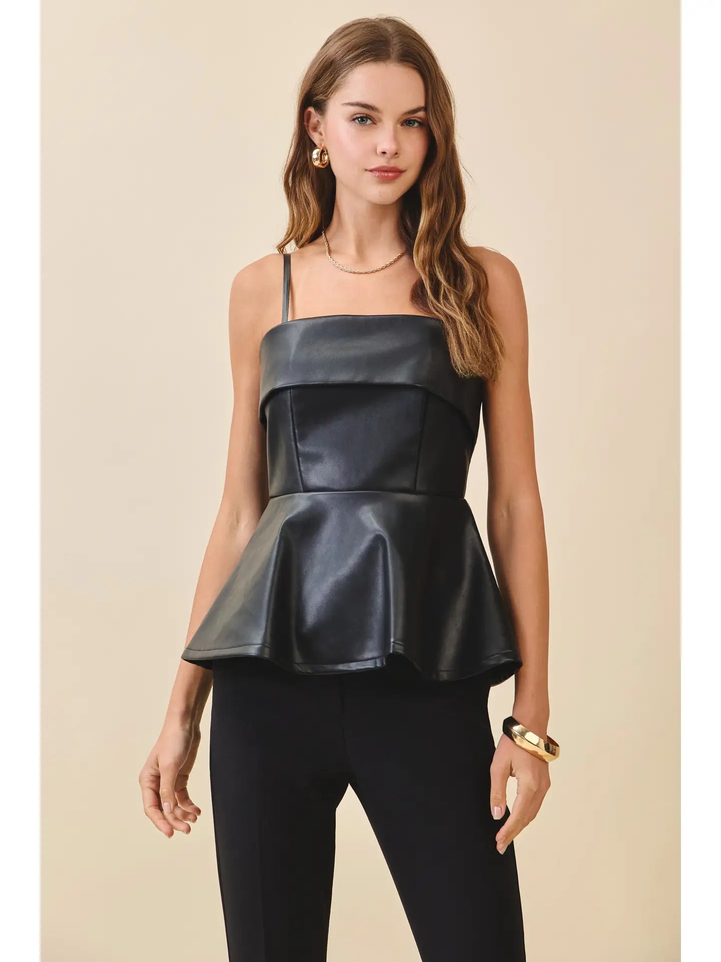 Faux Leather Fold over Detail Peplum Top