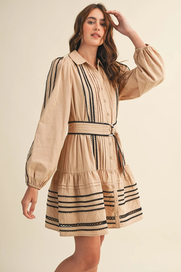 Lace Trim Belted Mini Dress