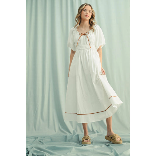 Balloon Sleeve Piping Detail Midi Dress